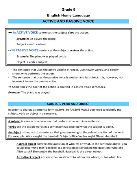 grade  english hl active  passive voice worksheet  notes