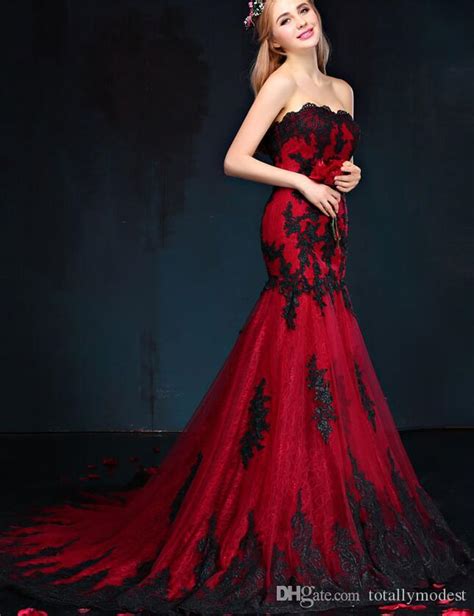 black and red gothic mermaid wedding dresses sweetheart lace appliques