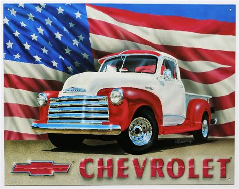 chevrolet pickup truck tin metal sign 1950 chevy american flag america usa b36