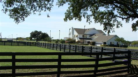 fenced  area  houses  trees    side   surrounded  grass