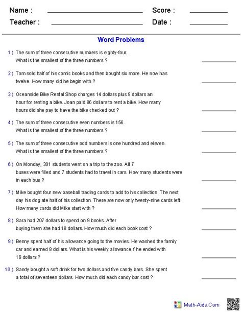 step equation word problems worksheets equations  grade
