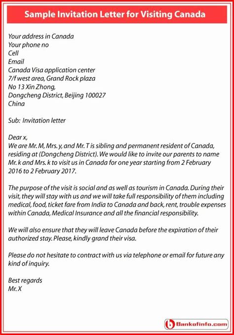 sample invitation letter  canadian visa