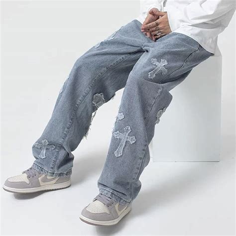 streetwear hip hop  rise baggy jeans fuer maenner  mode hose kreuz