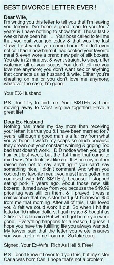best divorce letter ever dear wife i m writing you this