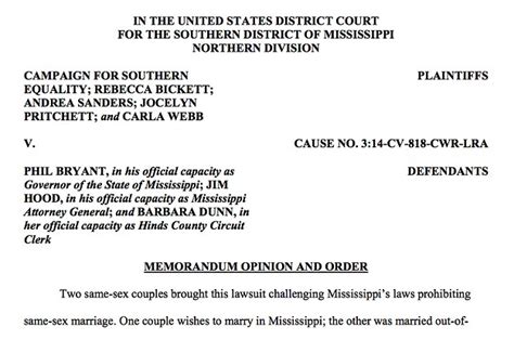mississippi s same sex marriage ban is unconstitutional federal judge
