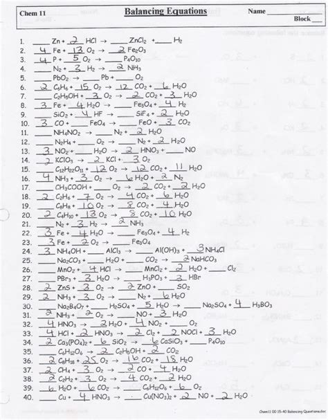 balancing chemical equations worksheet  answers grade  db excelcom