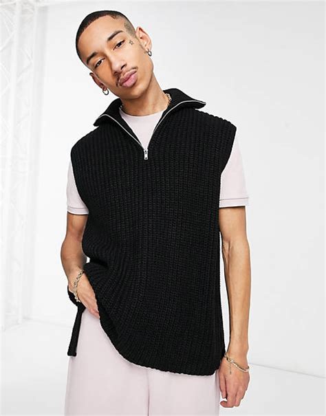 asos design oversized knitted  zip sleeveless sweater  black asos