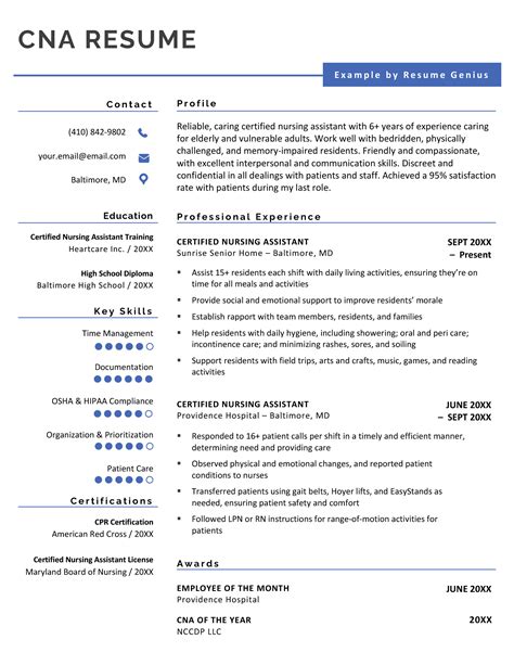 resume templates  certified nursing assistant printable templates