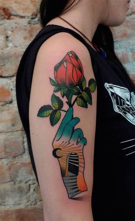 Old School Style Colored Upper Arm Tattoo Or Green Hand With Rose