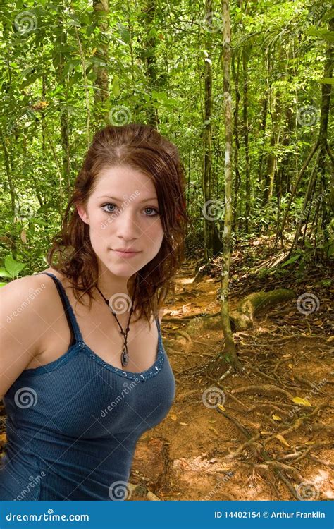 pretty woman hiking  forest stock photo image  hiking path