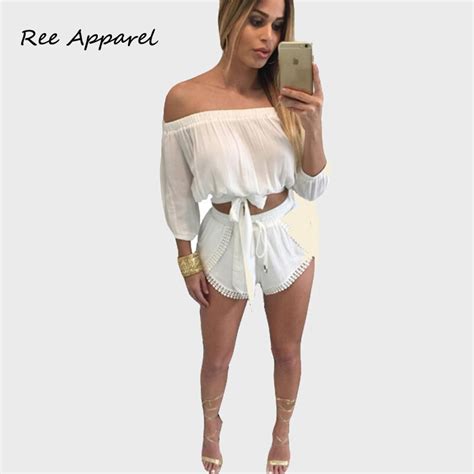 2016 off shoulder women jumpsuit and rompers summer two pieces set sexy short jumpsuit white crop