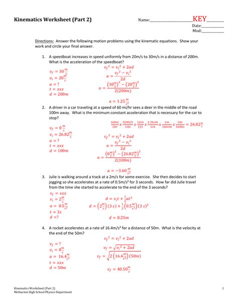 kinematics worksheet part  db excelcom