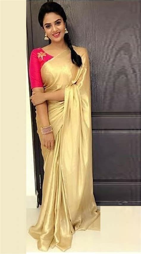striking golden satin contrast blouse saree wj43714