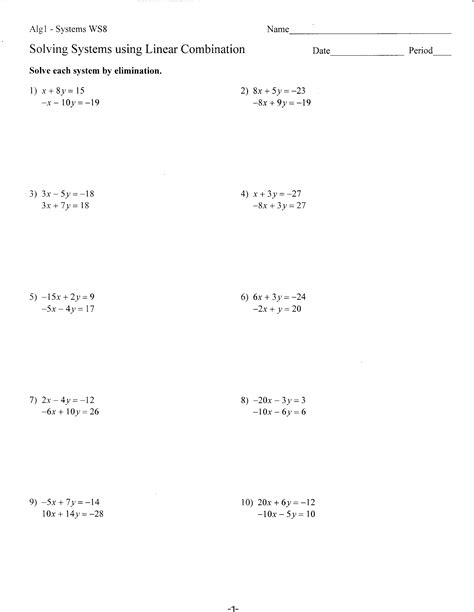 solving system  elimination worksheet worksheet resource plans