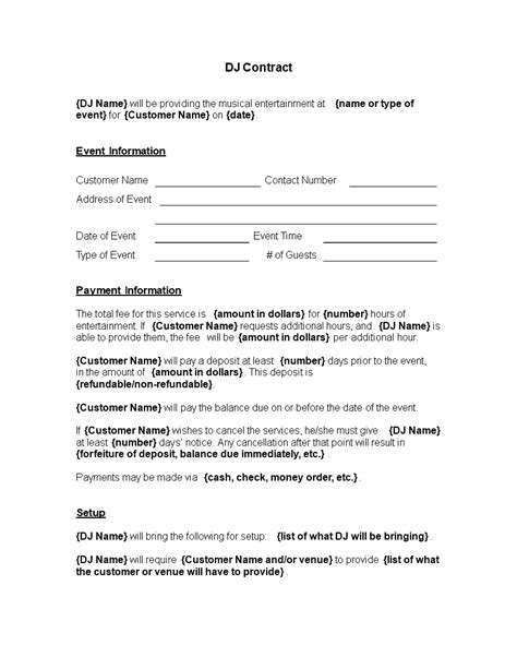 printable dj contract template templates  allbusinesstemplatescom