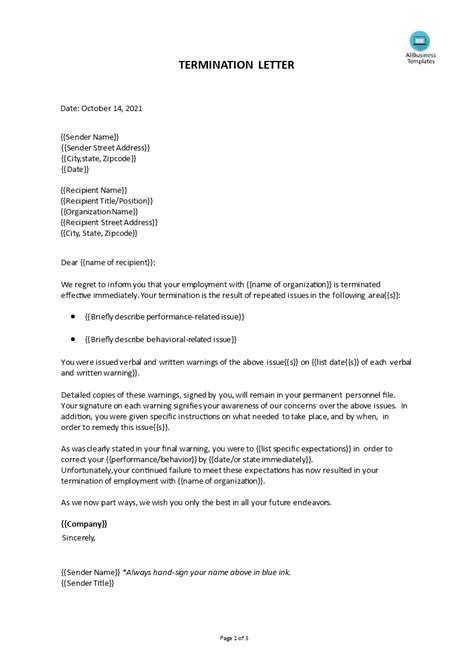 employment termination letter template templates