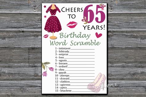 65th birthday birthday word scramble game adult birthday game instant
