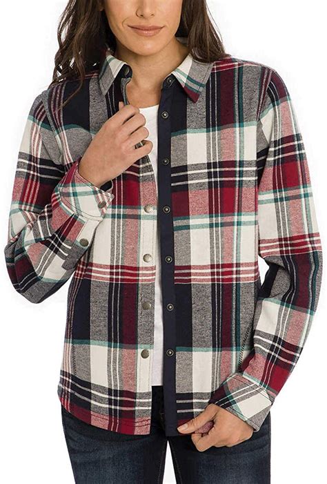Orvis Women Fleece Lined Cotton Flannel Plaid Shirt Jacket
