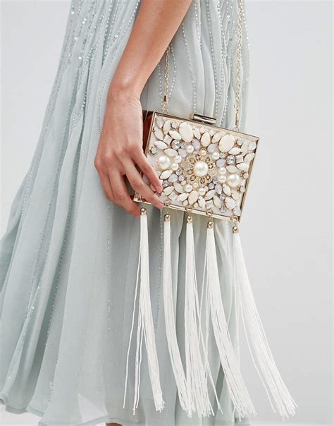 aldo structured box clutch bag  tassels pearls china fashion  fashion womens fashion