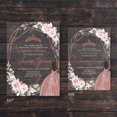 rose gold  pink floral acrylic quinceanera invitation