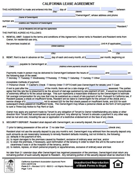 printable california residential lease agreement fillable