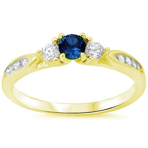 Yellow Gold Three Stone Wedding Engagement Ring 1 30ct Round Deep Blue