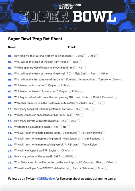 super bowl prop bet sheet  printable  props list  fun party game