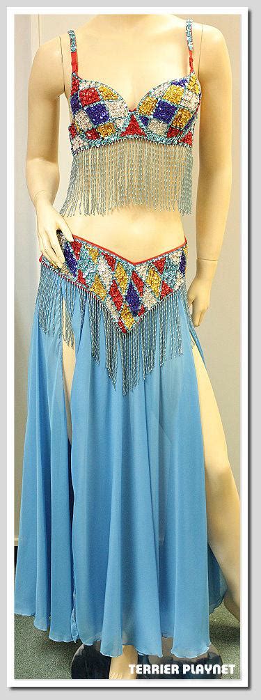 light blue sequins belly dance professional bra top belt skirt costume