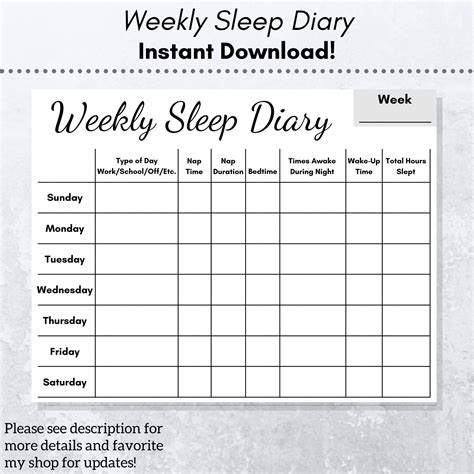 weekly sleep diary printable fillable  instant digital etsy