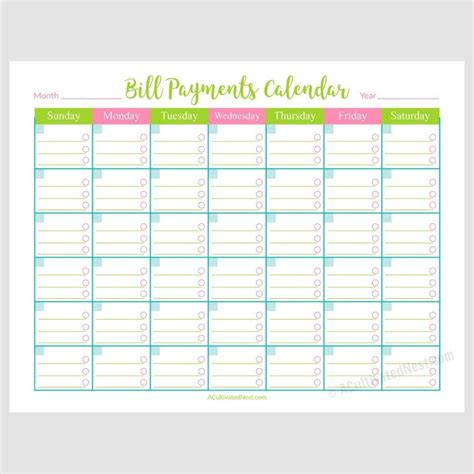 bills calendar template  calendar template printable