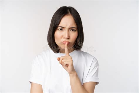 Angry Asian Girl Shushing Keep Quiet Taboo Silence Gesture Press