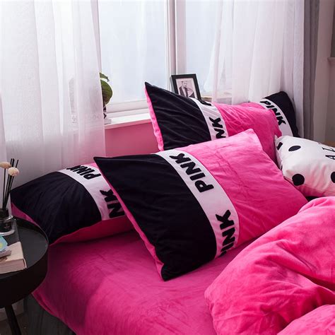 victoria s secret pink embroidery flannel bedding set
