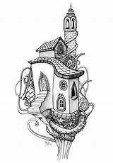 Coloring Pages House Tree Architecture Fairy Adults Houses Clipart Drawings Coloriage Adult Drawing Maison Dessin Colouring Mandala Living Color Pencil sketch template