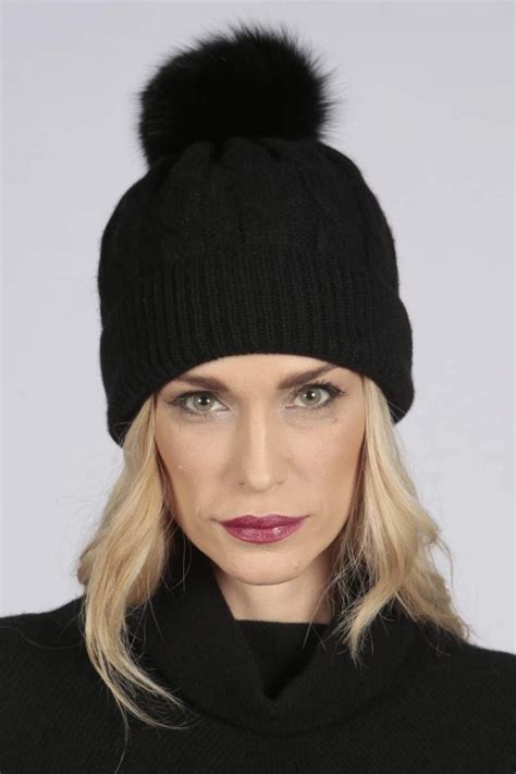 Black Pure Cashmere Fur Pom Pom Cable Knit Beanie Hat Italy In