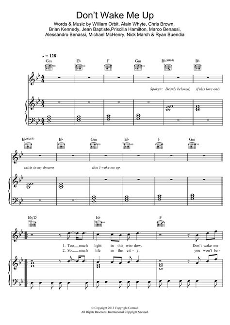 don t wake me up sheet music chris brown piano vocal and guitar chords