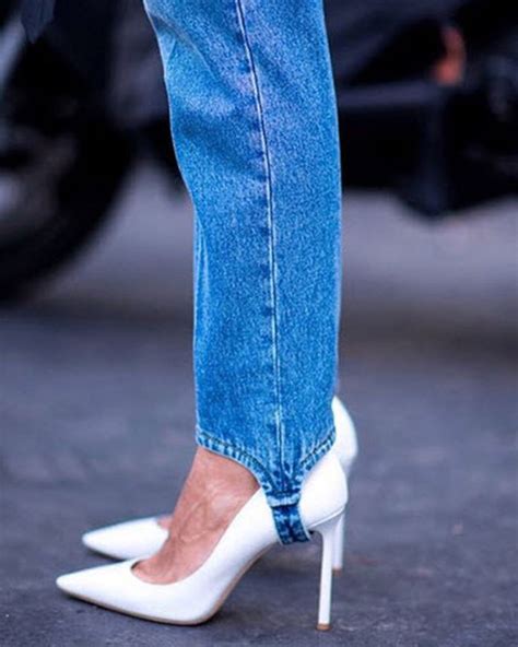pants stirrup pants blue pants denim jeans pumps pointed toe pumps high heel pumps white