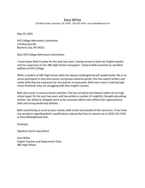write  recommendation letter  college