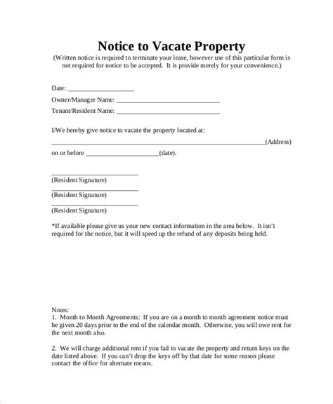 sample notice  vacate forms   ms word