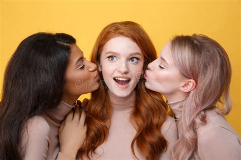 Happy Young Three Ladies Friends Stock Image Image Of White Smiling