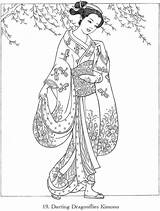 Japan Asiatique Femme Colouring Dover Adulte Colorier Colorir Ausmalbilder Coloriages Books Stamps Japonais Digi Malvorlagen Grown Kids Drawings Gueixas Danse sketch template