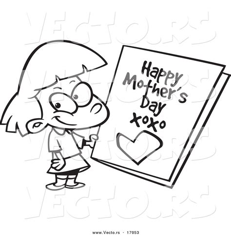 vector   cartoon girl holding  mothers day card coloring page