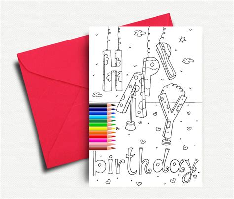 printable coloring card happy birthday birthday printable etsy