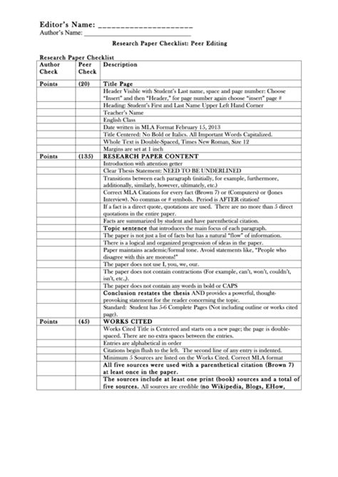 research paper peer editing checklist printable