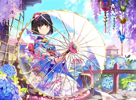 Anime Girls Flowers Umbrella Traditional Clothing