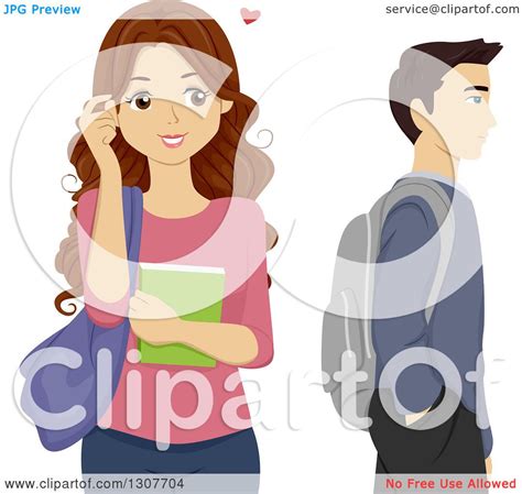 clipart of a brunette high school teen girl crushing on a male classmate royalty free vector