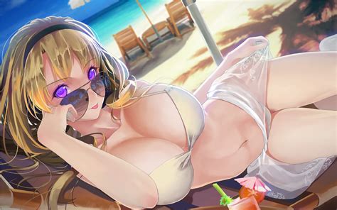wallpaper anime blonde busty virtual sexy babe big tits boobs juggs sand beach water