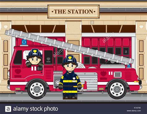 cute cartoon fireman firefighter and fire truck vector