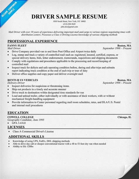 resume format resume samples driver