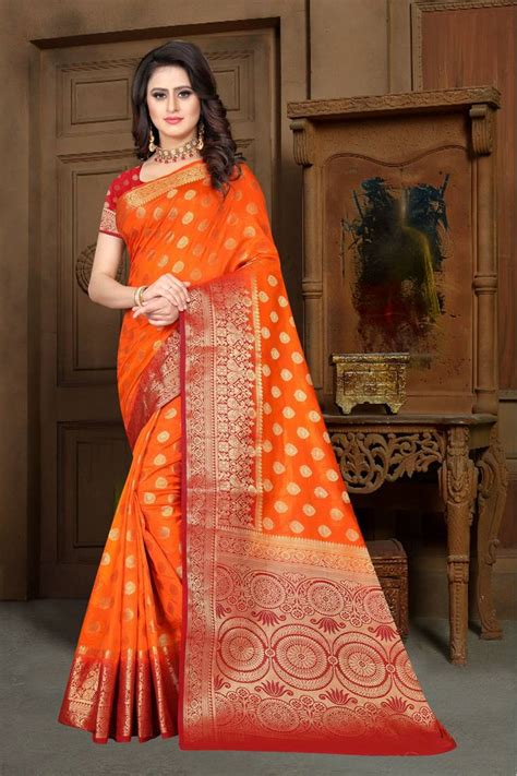 orange woven kanchipuram silk saree with blouse hitansh fashion 3489325