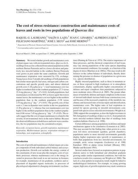 pdf the cost of stress resistance construction and maintenance costs of leaves and roots in